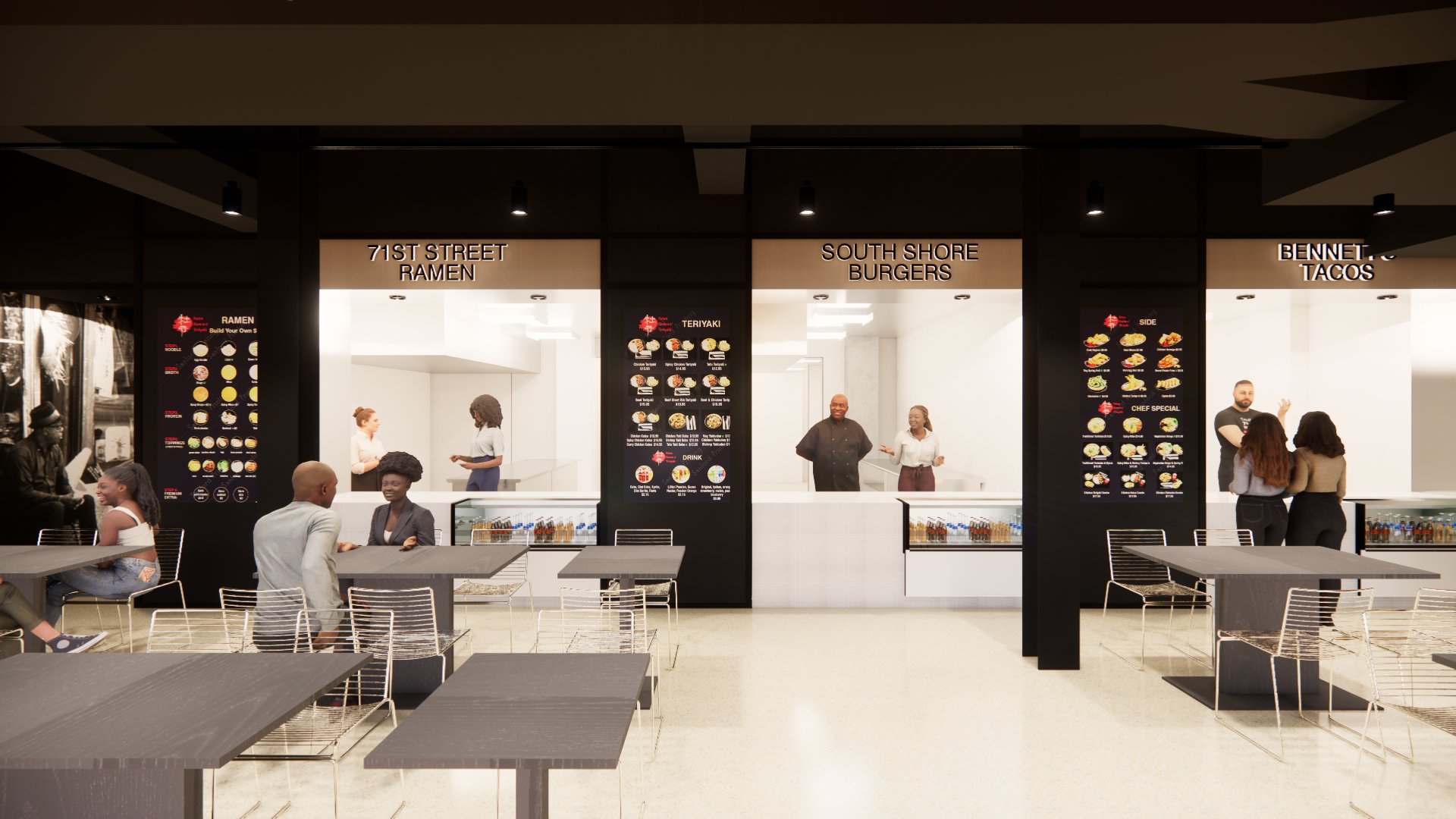 TIDE Pool incubator interior — three professional-grade kitchen stalls with menu boards
